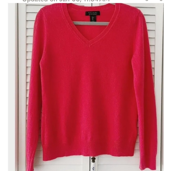 Tahari 100% 2-Ply Cashmere Bright pink V Neck Sweater Women’s Size L-  gorgeous - Picture 1 of 3